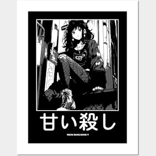 Japanese Goth Stylish Anime Girl Manga Aesthetic Streetwear Black and White Posters and Art